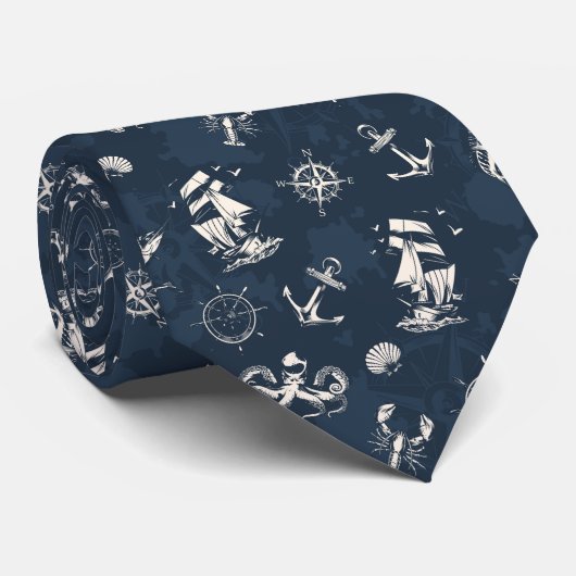 Blue Nautical Pattern Stropdas (Opgerold)