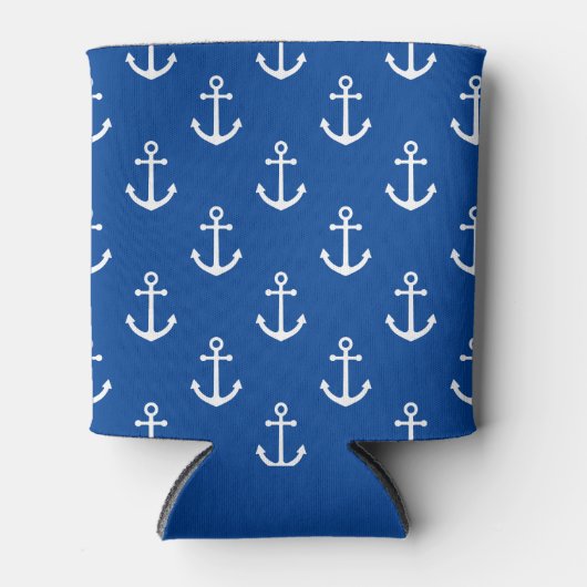 Blue Nautical Patterned White Anchor Blikjeskoeler (Voorkant)