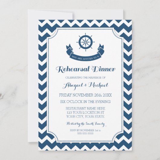 Blue Nautical Rehearings Dinner Party Kaart (Achterkant)