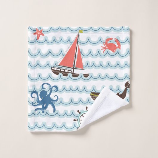 Blue Nautical Scene Pattern Kinder handdoekset Bad Handdoek (Wasdoekje)