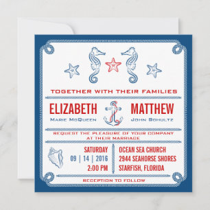 Blue - Nautical Seahorse Wedding Invitation Kaart