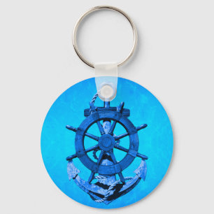 Blue Nautical Ships Wheel and Anchor Sleutelhanger