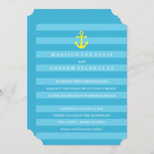 Blue Nautical Stripes Uitnodiging voor het Huwelij (Voorkant / Achterkant)