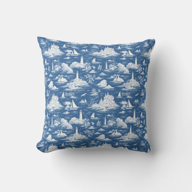 Blue Nautical Toile de Jouy Kussen (Voorkant)