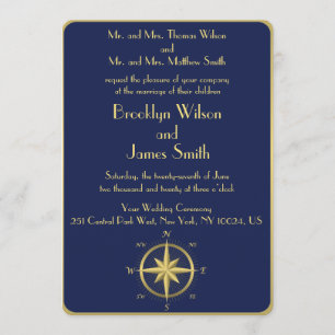 Blue Nautical Wedding Inviting Gold Compass Kaart