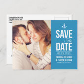 BLUE NAUTISCH SCRIPT FOTO BEWAREN DE DATUM BRIEFKA AANKONDIGINGSKAART (Voorkant / Achterkant)