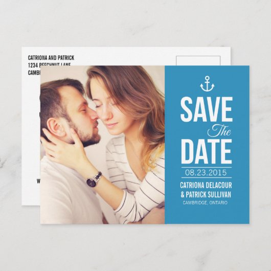 BLUE NAUTISCH SCRIPT FOTO BEWAREN DE DATUM BRIEFKA AANKONDIGINGSKAART (Voorkant / Achterkant)