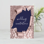 Blue Navy 3D Roos Gold Wedding Glitter Kaart (Staand voorkant)