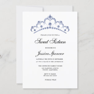 Blue & Navy Diamond Tiara Sweet 16 Party Invite Kaart