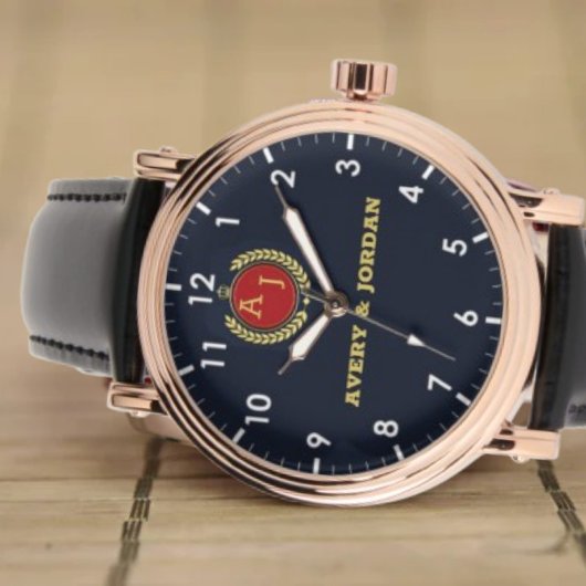 Blue navy Elegant Monogram couple names Horloge