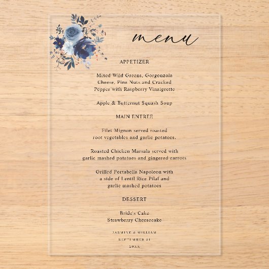 Blue & Navy Floral Wedding Programme Acrylique (Recto)