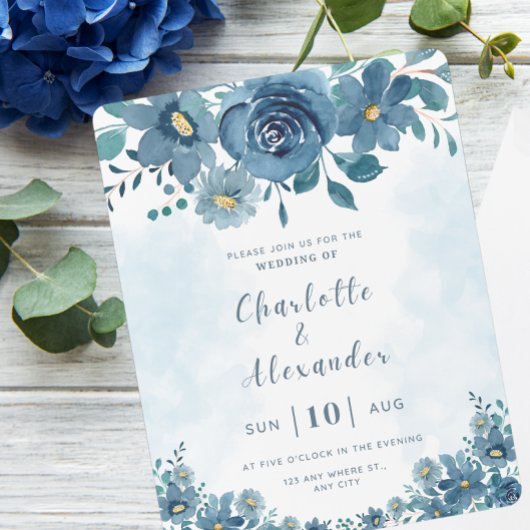 Blue Navy Flower Smoke Background Wedding Kaart