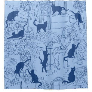 Blue Navy French Cat Paris Café Douche Rideau