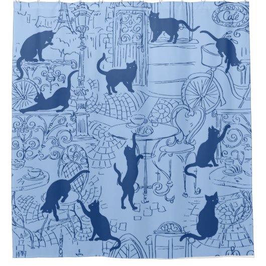 Blue Navy French Cat Paris Café Douche Rideau (Devant)