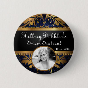 Blue Navy Glitter Sequin Disco Glitz Photo Button