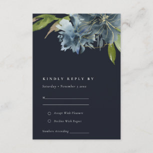 BLUE NAVY GOLD FLORAL WATERVERF WEDDING RSVP INFORMATIEKAARTJE