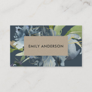 BLUE NAVY KRAFT GREEN GOLD FLORAL WATERVERF VISITEKAARTJE