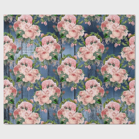 Blue Navy Pink Gold Woodland Rustic Floral Green Cadeaupapier (Vlak)