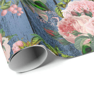 Blue Navy Pink Gold Woodland Rustic Floral Green Cadeaupapier