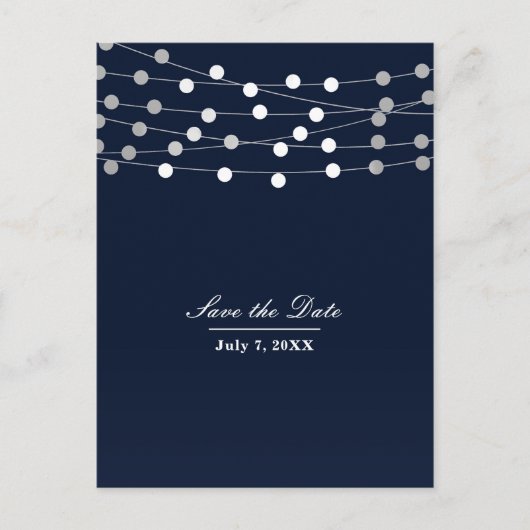 Blue Navy String Lights Modern Chic Save the Date Aankondigingskaart (Voorkant)