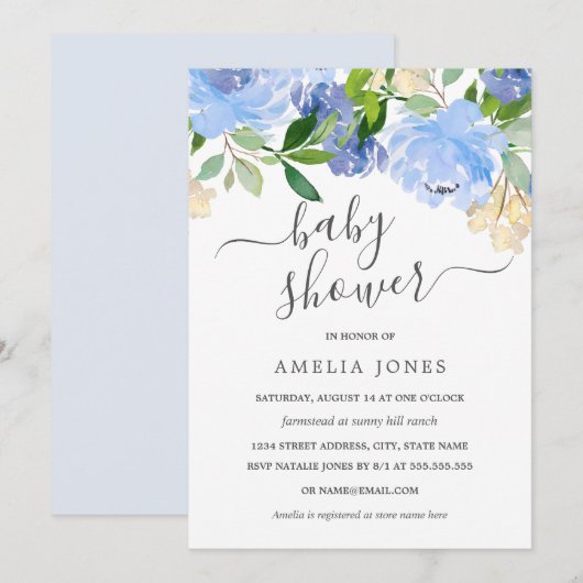 Blue Navy Waterverf Floral Baby shower Kaart (Voorkant / Achterkant)