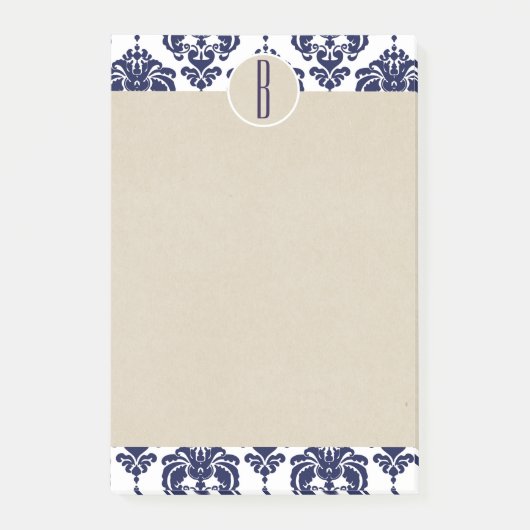 Blue Navy White Glam Damask Kraft Monogram Initiaa Post-it® Notes (Voorkant)