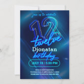 Blue Neon 12th Birthday Party Invitation Kaart (Voorkant)