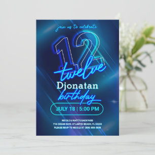 Blue Neon 12th Birthday Party Invitation Kaart