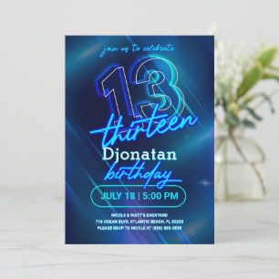 Blue Neon 13th Birthday Party Invitation Kaart