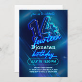 Blue Neon 14th Birthday Party Invitation Kaart (Voorkant / Achterkant)