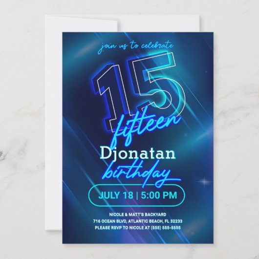 Blue Neon 15e Anniversaire Carte d'invitation (Devant)