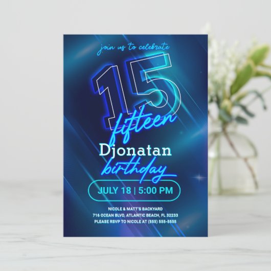 Blue Neon 15e Anniversaire Carte d'invitation (Debout devant)