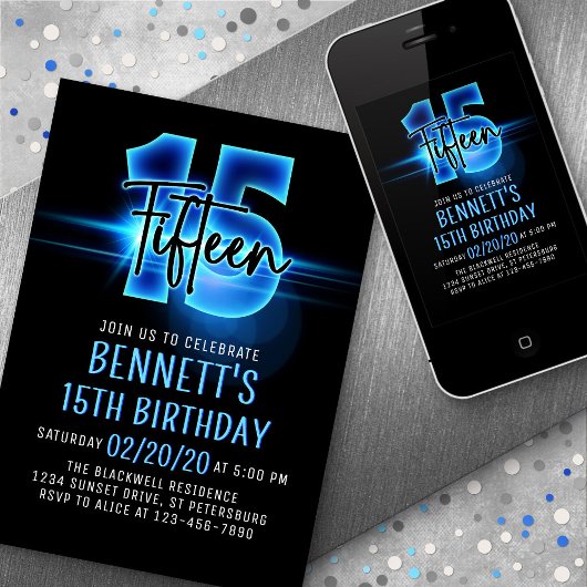 Blue Neon 15e anniversaire Invitation