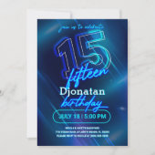 Blue Neon 15th Birthday Party Invitation Kaart (Voorkant)