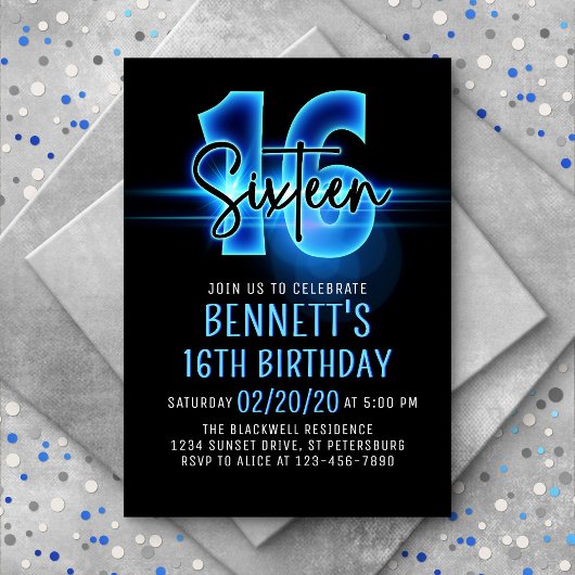 Blue Neon 16e anniversaire Invitation