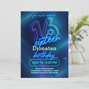 Blue Neon 16th Birthday Party Invitation Kaart