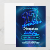 Blue Neon 17th Birthday Party Invitation Kaart (Voorkant / Achterkant)