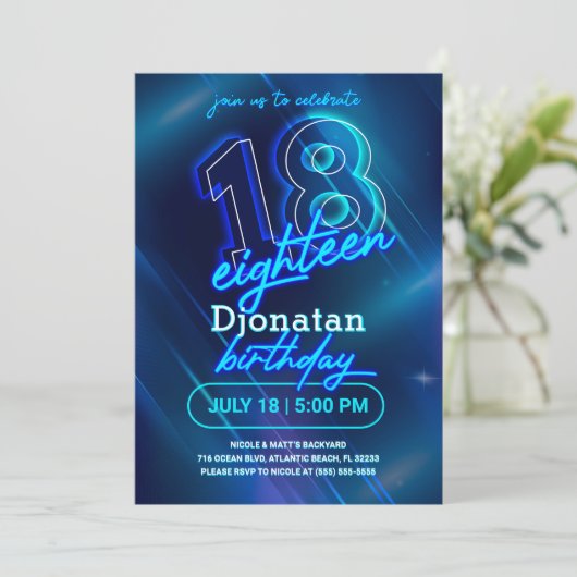 Blue Neon 18e Anniversaire Carte d'invitation (Debout devant)