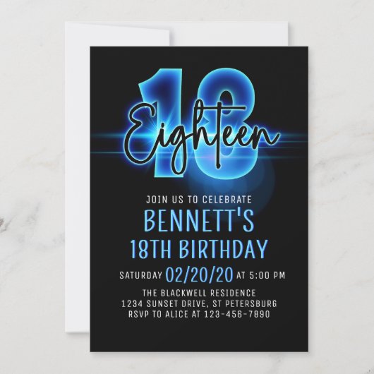 Blue Neon 18e anniversaire Invitation (Devant)