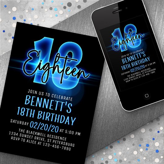Blue Neon 18e anniversaire Invitation