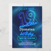 Blue Neon 19e Anniversaire Carte d'invitation (Devant)