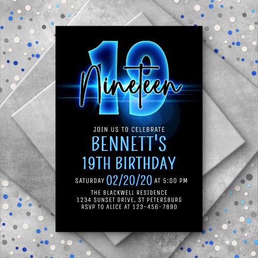 Blue Neon 19e anniversaire Invitation