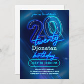 Blue Neon 20th Birthday Party Invitation Card (Devant / Derrière)