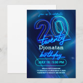 Blue Neon 20th Birthday Party Invitation Kaart (Voorkant / Achterkant)
