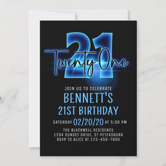 Blue Neon 21ème anniversaire Invitation (Devant)