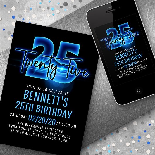 Blue Neon 25e anniversaire Invitation