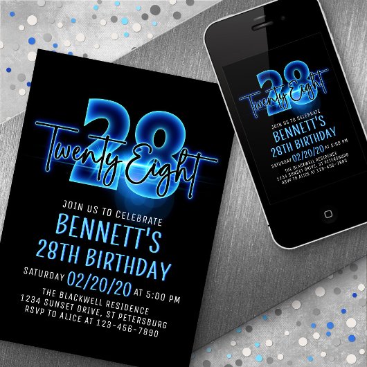 Blue Neon 28e anniversaire Invitation