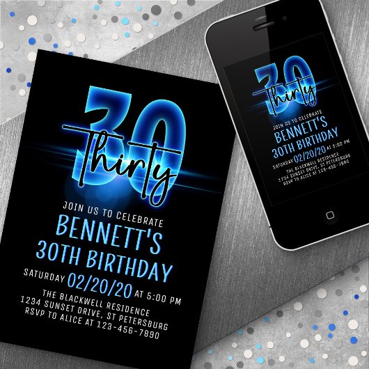 Blue Neon 30e anniversaire Invitation