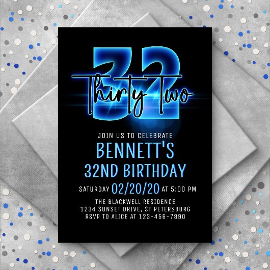 Blue Neon 32e Invitation d'anniversaire