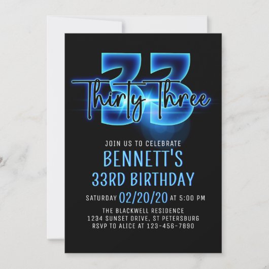 Blue Neon 33ème anniversaire Invitation (Devant)